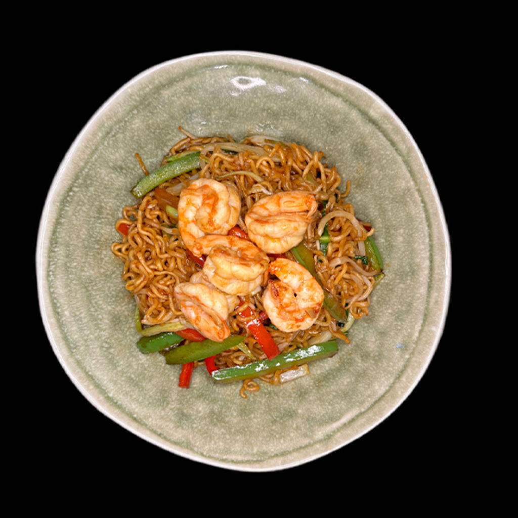 Yakisoba con gambas y verduras